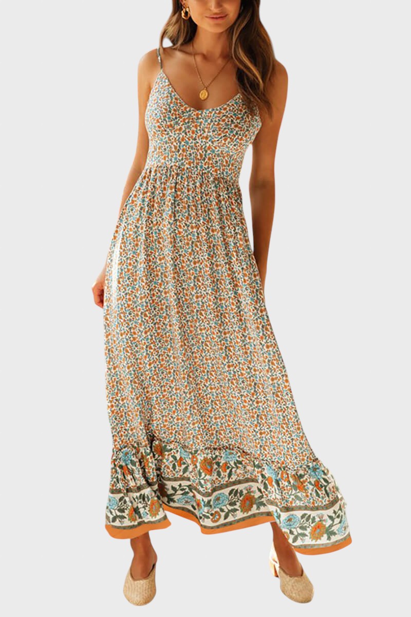 Kiriaki™ - Lilladega maxi kleit õhukeste rihmadega